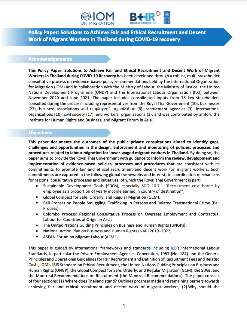 Policy Paper: Solutions to Achieve Fair and Ethical Recruitment and Decent Work of Migrant Workers in Thailand during COVID-19 Recovery