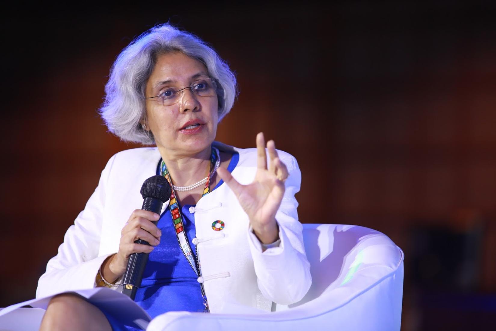 Gita Sabharwal, UN Resident Coordinator in Thailand, addresses a meeting of the Global Compact Network Thailand in August 2020