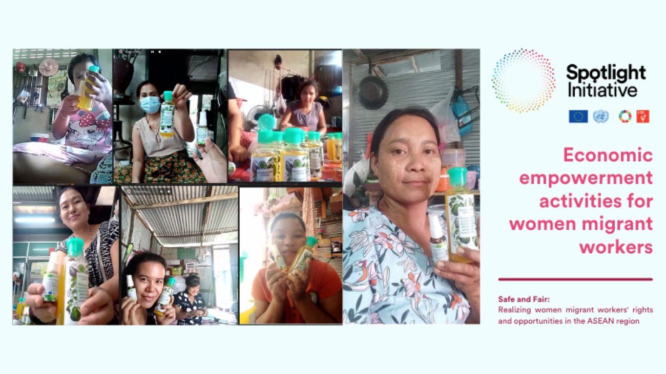 Women migrant workers learn how make mosquito repellent spray and multi-purpose liquid.