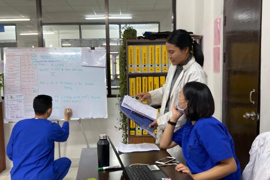 FFT volunteer Nisanart Yeamkhong supports the Covid-19 data entry and processing team at the Royal Centre for Disease Control in Bhutan as part of her work to set up a quality management system in the laboratory. 